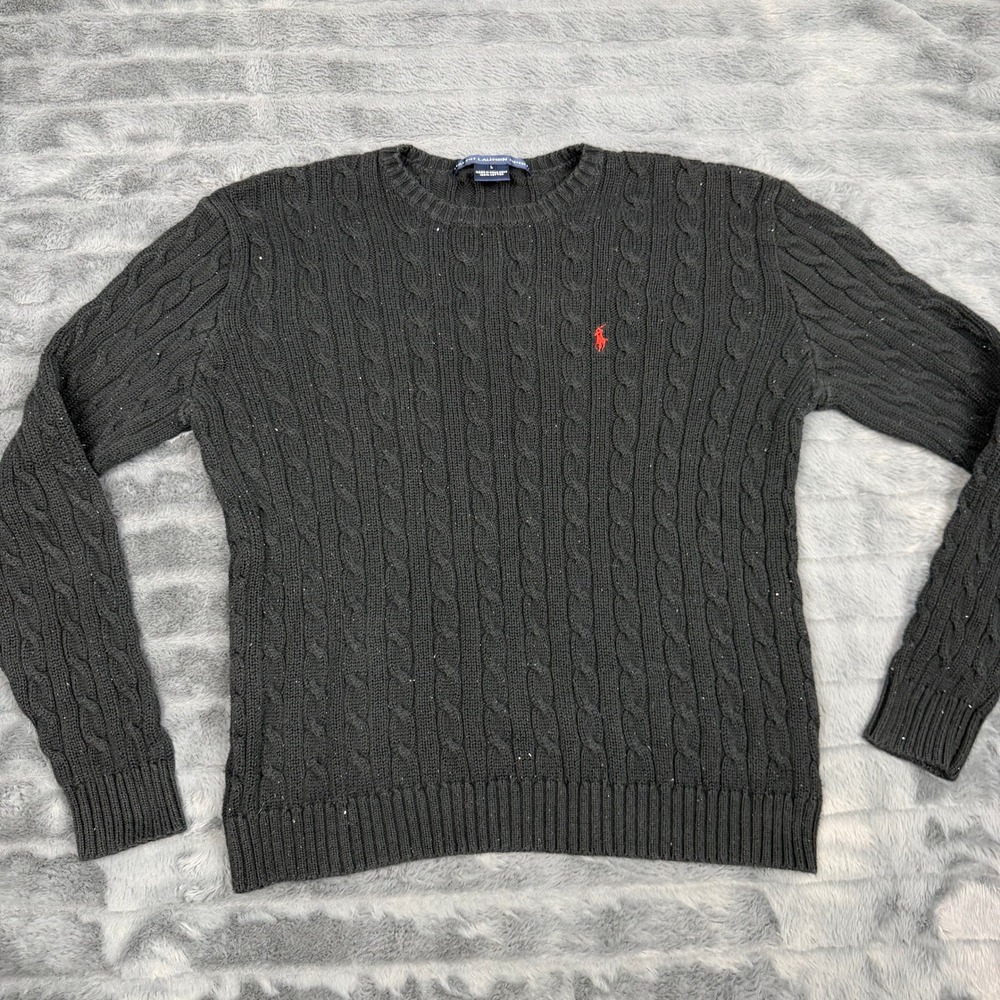 Ralph Lauren Sport Mens Large Grey Cable Knit Cotton Crew Neck Sweater Red Pony